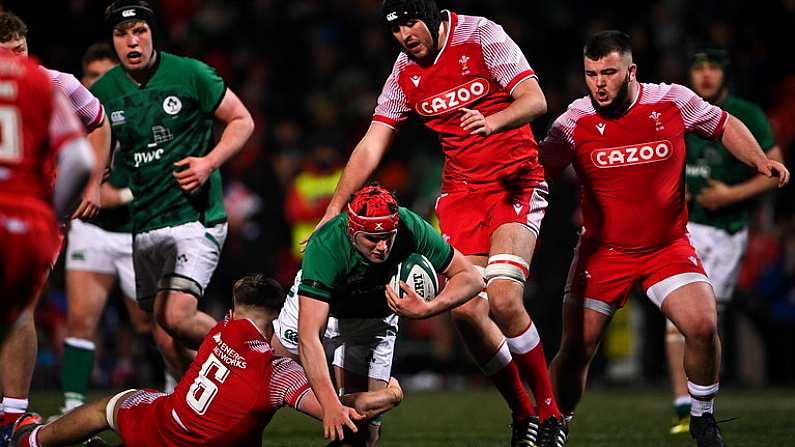 4 February 2022; James McNabney of Ireland is tackled by Alex Mann of Wales during the U20 Six Nations Rugby Championship match between Ireland and Wales at Musgrave Park in Cork. Photo by Piaras O Midheach/Sportsfile