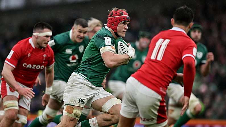 5 February 2022; Josh van der Flier of Ireland makes a break during the Guinness Six Nations Rugby Championship match between Ireland and Wales at Aviva Stadium in Dublin. Photo by Brendan Moran/Sportsfile