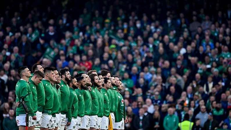 19 March 2022; The Ireland team stand for the national anthems before the Guinness Six Nations Rugby Championship match between Ireland and Scotland at Aviva Stadium in Dublin. Photo by Brendan Moran/Sportsfile