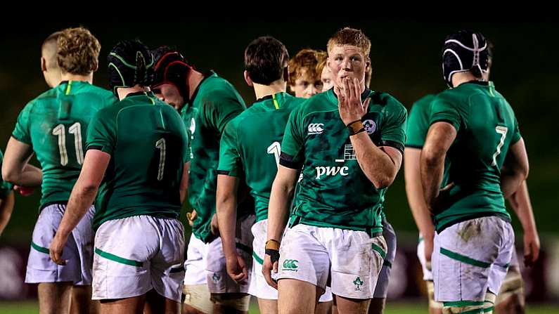 3 February 2023; Paddy McCarthy of Ireland and his team mates after the U20 Six Nations Rugby Championship match between Wales and Ireland at Stadium Zip World in Colwyn Bay, Wales. Photo by Paul Greenwood/Sportsfile