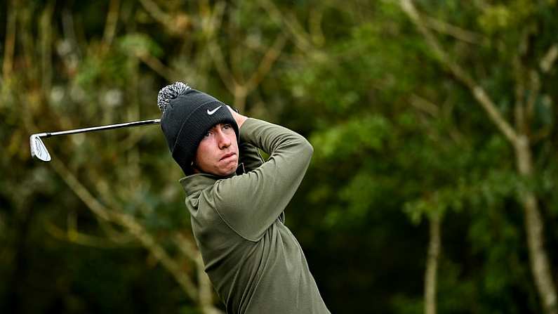 25 September 2020; Tom McKibbin of Northern Ireland watches his tee shot from the second tee box during day two of the Dubai Duty Free Irish Open Golf Championship at Galgorm Spa & Golf Resort in Ballymena, Antrim. Photo by Brendan Moran/Sportsfile