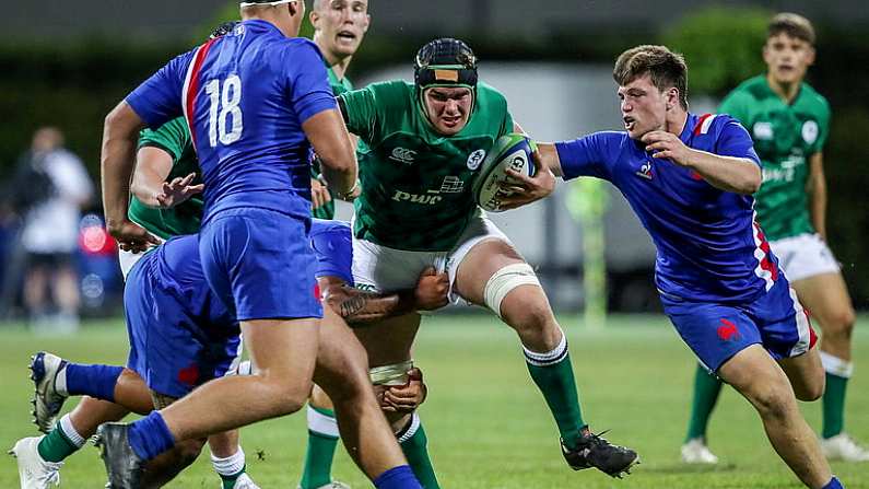 24 June 2022; James McNabney of Ireland attemts a break during the Six Nations U20 summer series match between Ireland and France at Payanini Centre in Verona, Italy. Photo by Roberto Bregani/Sportsfile