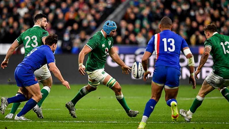 12 February 2022; Tadhg Beirne of Ireland kicks the ball during the Guinness Six Nations Rugby Championship match between France and Ireland at Stade de France in Paris, France. Photo by Brendan Moran/Sportsfile