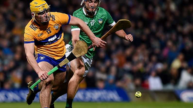 Mark Rodgers of Clare in action against Ciaran Barry of Limerick during the Allianz Hurling League Division 1 Group A match between Limerick and Clare at TUS Gaelic Grounds in Limerick. Photo by John Sheridan/Sportsfile