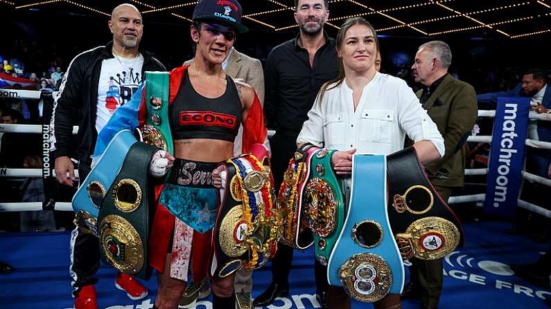 4 February 2023; Boxers Katie Taylor, right, and Amanda Serrano with promoter Eddie Hearn, centre, at Madison Square Garden Theatre in New York, USA, following the announcement of their undisputed world lightweight titles fight rematch, which will take place in Dublin on May 20. Photo by Ed Mulholland / Matchroom Boxing via Sportsfile