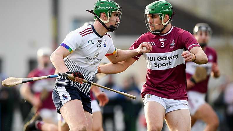 19 February 2022; Mikey Kiely of University of Limerick in action against Jack Fitzpatrick of NUI Galway during the Electric Ireland HE GAA Fitzgibbon Cup Final match between NUI Galway and University of Limerick at IT Carlow in Carlow. Photo by Matt Browne/Sportsfile