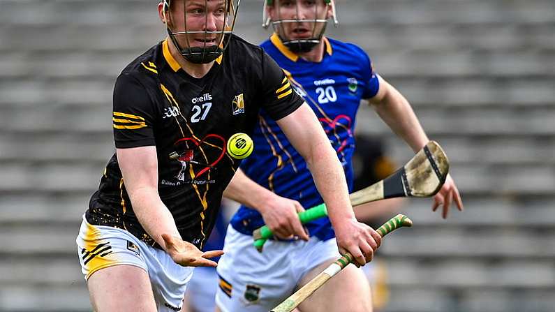 19 February 2023; Gearoid Dunne of Kilkenny in action against Cian O'Dwyer of Tipperary during the Dillon Quirke Foundation Hurling Challenge match between Tipperary and Kilkenny at FBD Semple Stadium in Thurles, Tipperary. Photo by Piaras O Midheach/Sportsfile