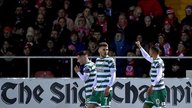 18 February 2023; Graham Burke of Shamrock Rovers, right, celebrates with teammates after scoring their side's first goal during the SSE Airtricity Men's Premier Division match between Sligo Rovers and Shamrock Rovers at The Showgrounds in Sligo. Photo by Seb Daly/Sportsfile