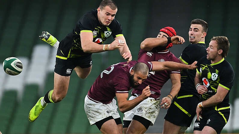 29 November 2020; Jacob Stockdale of Ireland fails to catch a high ball during the Autumn Nations Cup match between Ireland and Georgia at the Aviva Stadium in Dublin. Photo by Ramsey Cardy/Sportsfile