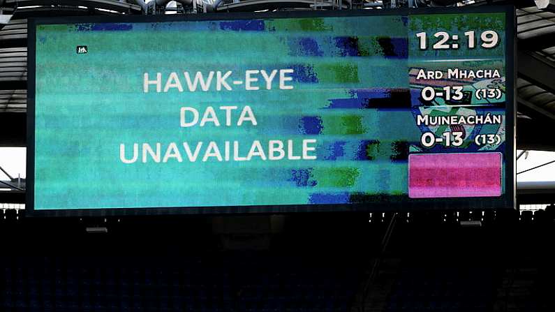 1 July 2023; The scoreboard indicates that Hawk-Eye data is unavailable during the GAA Football All-Ireland Senior Championship quarter-final match between Armagh and Monaghan at Croke Park in Dublin. Photo by Ray McManus/Sportsfile