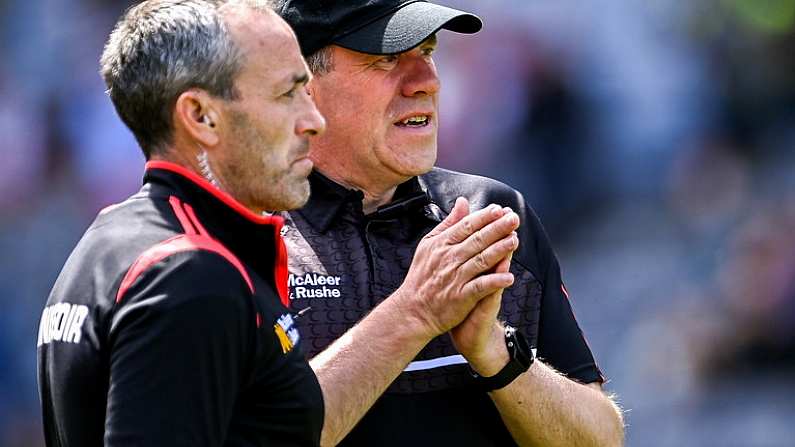 1 July 2023; Tyrone joint-managers Brian Dooher, left, and Feargal Logan before the GAA Football All-Ireland Senior Championship quarter-final match between Kerry and Tyrone at Croke Park in Dublin. Photo by Piaras O Midheach/Sportsfile