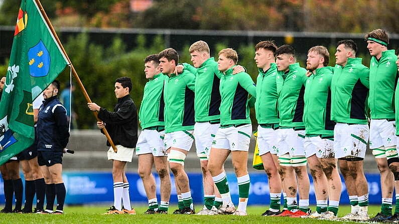 29 June 2023; The Ireland team stand for the national anthem before the U20 Rugby World Cup match between Australia and Ireland at Paarl Gymnasium in Paarl, South Africa. Photo by Thinus Maritz/Sportsfile