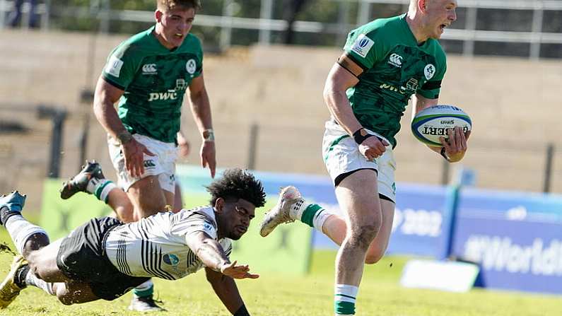 4 July 2023; Andrew Osborne of Ireland on his way to score a try during the U20 Rugby World Cup match between Fiji and Ireland at Danie Craven Stadium in Stellenbosch, South Africa. Photo by Nic Bothma/Sportsfile