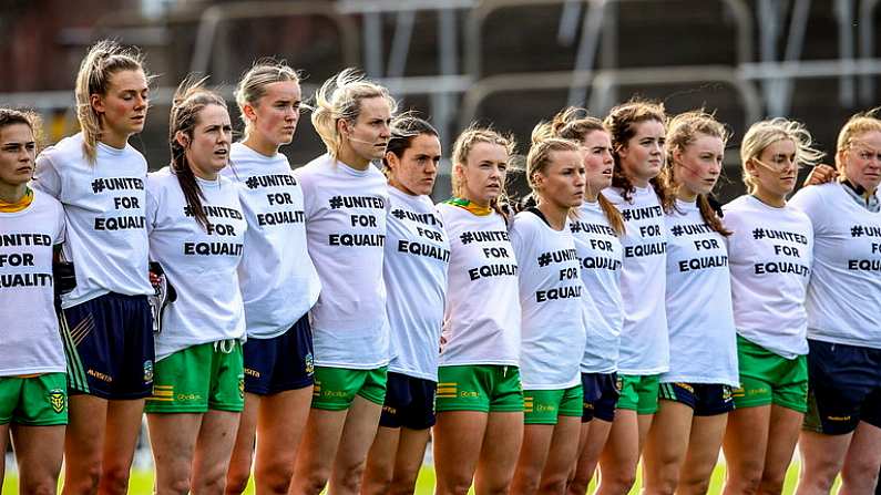 1 July 2023; Players from both teams before the TG4 Ladies Football All-Ireland Senior Championship match between Meath and Donegal at Pairc Tailteann in Navan, Meath. Photo by Michael P Ryan/Sportsfile