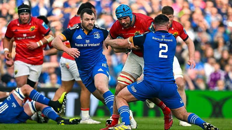 13 May 2023; Tadhg Beirne of Munster is tackled by Ronan Kelleher of Leinster during the United Rugby Championship Semi-Final match between Leinster and Munster at the Aviva Stadium in Dublin. Photo by Brendan Moran/Sportsfile