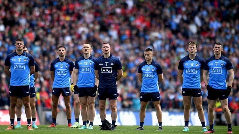 2 July 2023; Dublin players, from left, Brian Howard, Niall Scully, Con O'Callaghan, Stephen Cluxton, Eoin Murchan, Sean Bugler and Lee Gannon during the National Anthem before the GAA Football All-Ireland Senior Championship quarter-final match between Dublin and Mayo at Croke Park in Dublin. Photo by John Sheridan/Sportsfile