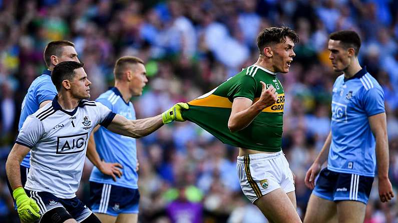 14 September 2019; David Clifford of Kerry in action against Stephen Cluxton of Dublin during the GAA Football All-Ireland Senior Championship Final Replay match between Dublin and Kerry at Croke Park in Dublin. Photo by David Fitzgerald/Sportsfile