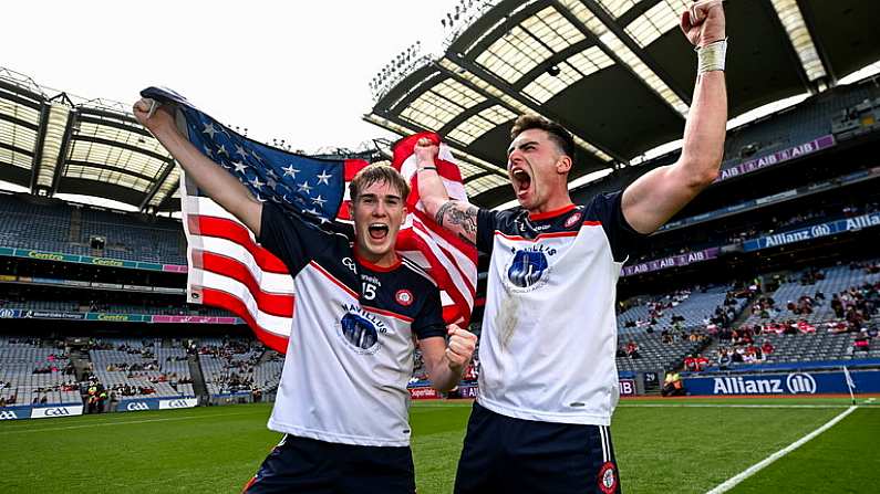 16 July 2023; Shay McElligot, left, and Conor Mathers of New York celebrate after the GAA Football All-Ireland Junior Championship Final match between New York and Kilkenny at Croke Park in Dublin. Photo by David Fitzgerald/Sportsfile