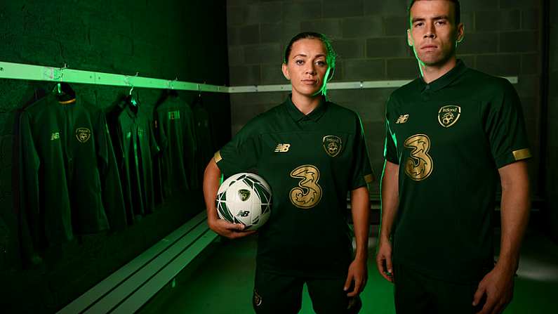 1 November 2019; Republic of Ireland captains Katie McCabe and Seamus Coleman photographed at the FAI National Training Centre in Abbotstown, Dublin, for the launch of the Republic of Irelands home strip for 2019/20. The new kit will be worn as the teams set their sights on qualification for the upcoming European Championships. Photo by Stephen McCarthy/Sportsfile