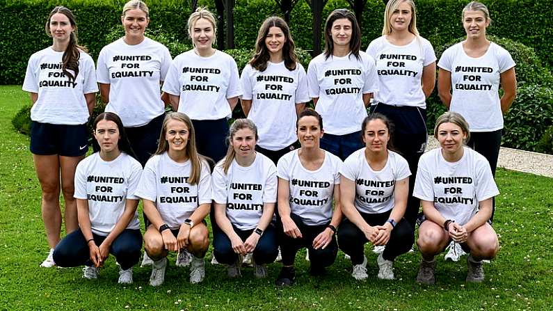 17 July 2023; Players, back row, from left; Sinead O'Keeffe of Clare, Anne Corcoran of Waterford, Ellen Burke of Meath, Aine McGill of Derry, Fiona Keating of Westmeath, Marie Cooney of Galway, Karen Kennedy of Tipperary, and front row, from left, Jane Horan of Roscommon, Laura Greene of Kilkenny, Aoife McLoughney of Tipperary, Jennifer Curry of Armagh, Amy O'Connor of Cork and Megan Dowdall of Westmeath wearing #UnitedForEquality t-shirts at an event organised by players at the Radisson Blu at Dublin Airport ahead of the upcoming All-Ireland Championships semi-finals. Photo by Piaras O Midheach/Sportsfile