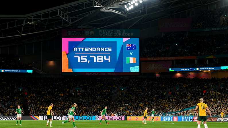 20 July 2023; The attendance of 75,784 is show on the screen during the FIFA Women's World Cup 2023 Group B match between Australia and Republic of Ireland at Stadium Australia in Sydney, Australia. Photo by Stephen McCarthy/Sportsfile