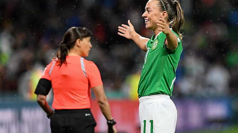 26 July 2023; Katie McCabe of Republic of Ireland, left, celebrates after scoring their side's first goal direct from a corner kick during the FIFA Women's World Cup 2023 Group B match between Canada and Republic of Ireland at Perth Rectangular Stadium in Australia. Photo by Mick O'Shea/Sportsfile