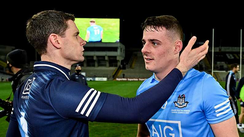 19 December 2020; Stephen Cluxton, left, and Brian Howard of Dublin following their side's victory in the GAA Football All-Ireland Senior Championship Final match between Dublin and Mayo at Croke Park in Dublin. Photo by Seb Daly/Sportsfile