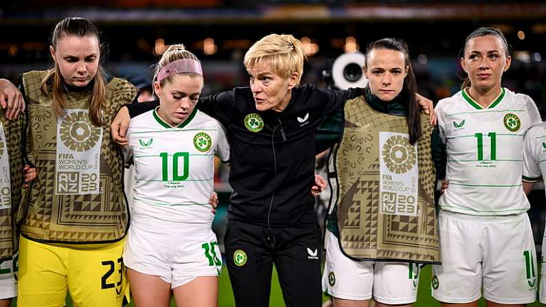 31 July 2023; Republic of Ireland manager Vera Pauw with, from left, goalkeeper Megan Walsh, Denise O'Sullivan, Aine O'Gorman and Katie McCabe after the FIFA Women's World Cup 2023 Group B match between Republic of Ireland and Nigeria at Brisbane Stadium in Brisbane, Australia. Photo by Stephen McCarthy/Sportsfile