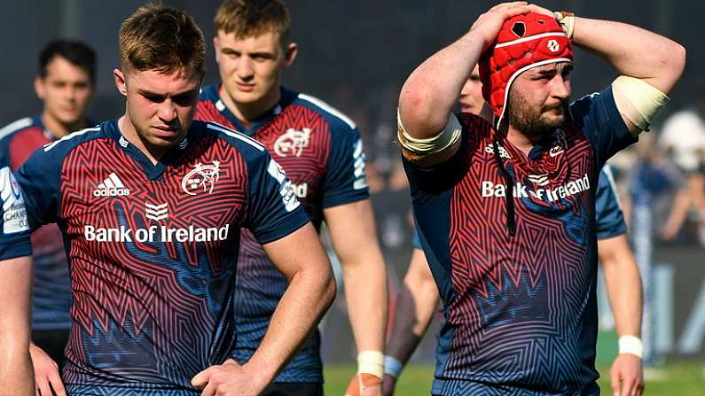 1 April 2023; Jack Crowley, left, and John Hodnett of Munster after the Heineken Champions Cup Round of 16 match between Cell C Sharks and Munster at Hollywoodbets Kings Park Stadium in Durban, South Africa. Photo by Darren Stewart/Sportsfile