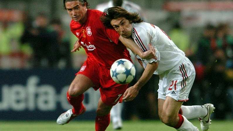 25 May 2005; Harry Kewell, Liverpool, in action against Andrea Pirlo, AC Milan. UEFA Champions League Final, Liverpool v AC Milan, Ataturk Olympic Stadium, Istanbul, Turkey. Picture credit; David Maher / SPORTSFILE