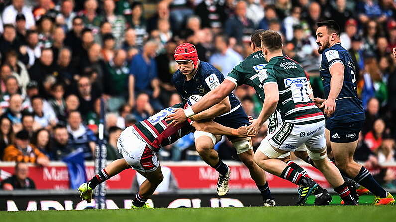 7 May 2022; Josh van der Flier of Leinster is tackled by Matias Moroni of Leicester Tigers during the Heineken Champions Cup Quarter-Final match between Leicester Tigers and Leinster at Mattoli Woods Welford Road Stadium in Leicester, England. Photo by Harry Murphy/Sportsfile