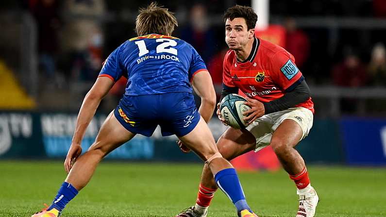 2 October 2021; Joey Carbery of Munster in action against Dan du Plessis of DHL Stormers during the United Rugby Championship match between Munster and DHL Stormers at Thomond Park in Limerick. Photo by Brendan Moran/Sportsfile