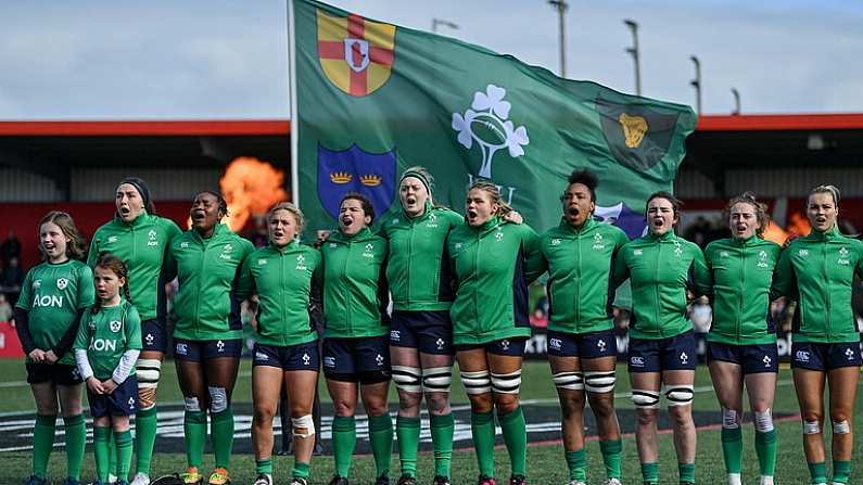 1 April 2023; The Ireland team line up for the national anthems before the TikTok Women's Six Nations Rugby Championship match between Ireland and France at Musgrave Park in Cork. Photo by Brendan Moran/Sportsfile