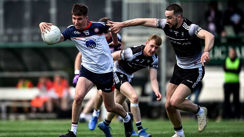 17 April 2022; Mikey Brosnan of New York in action against Paul Kilcoyne of Sligo during the Connacht GAA Football Senior Championship Quarter-Final match between New York and Sligo at Gaelic Park in New York, USA. Photo by Daire Brennan/Sportsfile