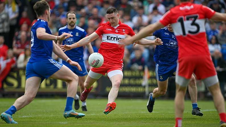 15 May 2022; Gareth McKinless of Derry shoots to score his side's first goal during the Ulster GAA Football Senior Championship Semi-Final match between Derry and Monaghan at Athletic Grounds in Armagh. Photo by Ramsey Cardy/Sportsfile