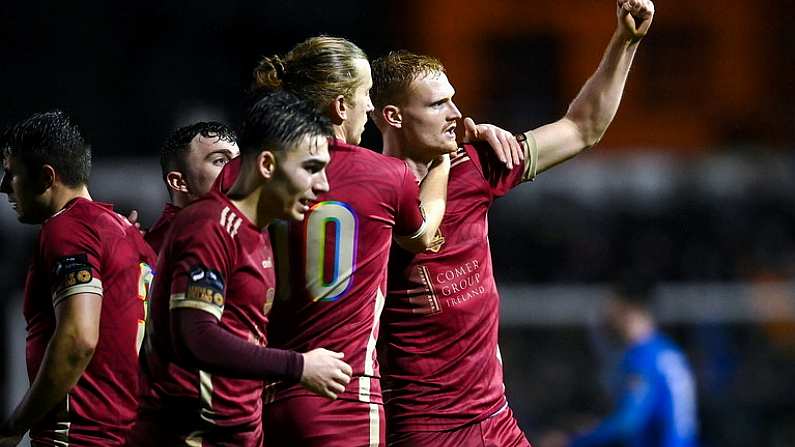 17 February 2023; Vince Borden of Galway United celebrates after scoring his sides's second goal during the SSE Airtricity Men's First Division match between Finn Harps and Galway United at Finn Park in Ballybofey, Donegal. Photo by David Fitzgerald/Sportsfile