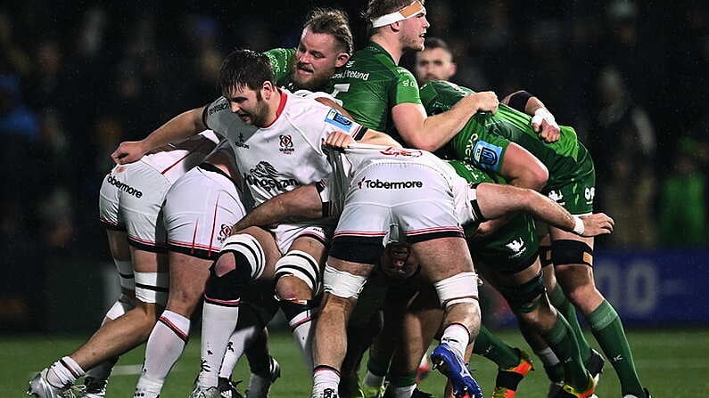 23 December 2022; Players in a maul during the United Rugby Championship match between Connacht and Ulster at The Sportsground in Galway. Photo by Piaras O Midheach/Sportsfile