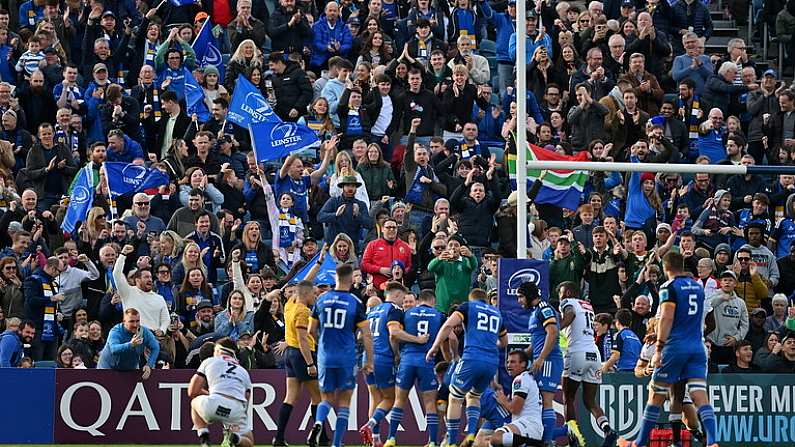 8 October 2022; Leinster supporters celebrate a try during the United Rugby Championship match between Leinster and Cell C Sharks at RDS Arena in Dublin. Photo by Brendan Moran/Sportsfile