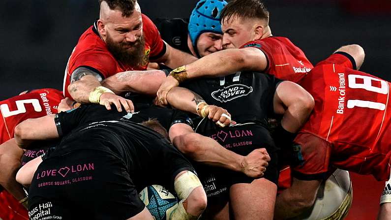 25 March 2023; RG Snyman and Gavin Coombes of Munster in a maul during the United Rugby Championship match between Munster and Glasgow Warriors at Thomond Park in Limerick. Photo by Harry Murphy/Sportsfile