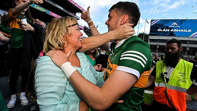 24 July 2022; David Clifford of Kerry celebrates with mother Ellen after the GAA Football All-Ireland Senior Championship Final match between Kerry and Galway at Croke Park in Dublin. Photo by Ramsey Cardy/Sportsfile