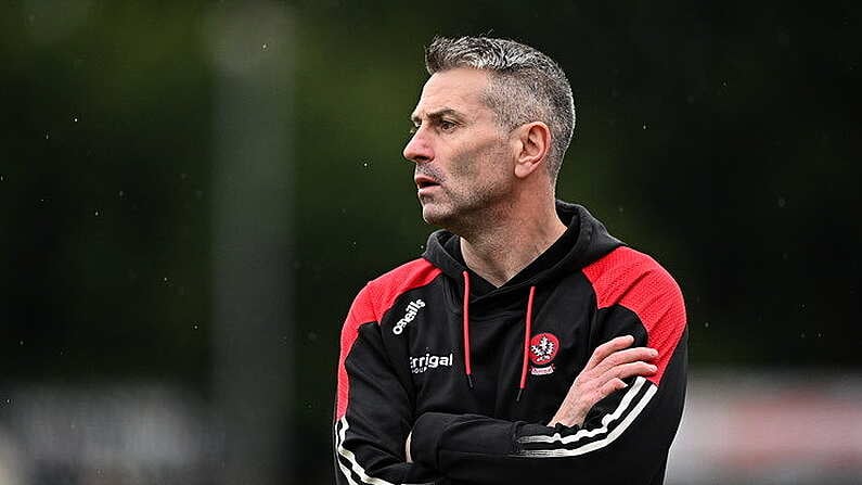 15 April 2023; Derry manager Rory Gallagher during the Ulster GAA Football Senior Championship Quarter-Final match between Fermanagh and Derry at Brewster Park in Enniskillen, Fermanagh. Photo by Ramsey Cardy/Sportsfile