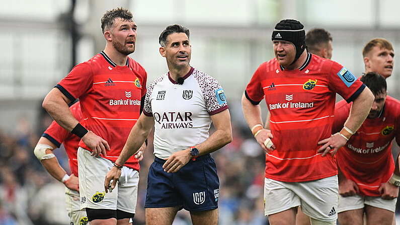 13 May 2023; Referee Frank Murphy, with Munster players Peter O'Mahony, left, and Stephen Archer during the United Rugby Championship Semi-Final match between Leinster and Munster at the Aviva Stadium in Dublin. Photo by Seb Daly/Sportsfile