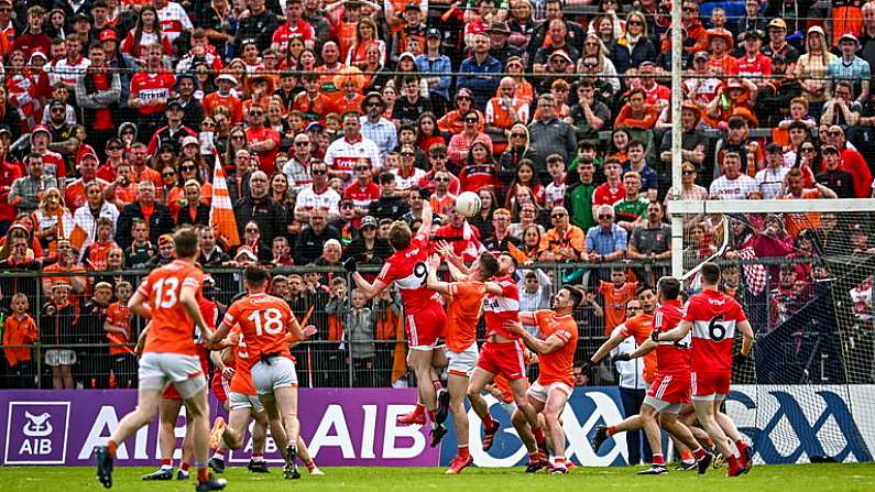 14 May 2023; Brendan Rogers of Derry, 9, scores his side's first goal during the Ulster GAA Football Senior Championship Final match between Armagh and Derry at St Tiernachs Park in Clones, Monaghan. Photo by Ramsey Cardy/Sportsfile