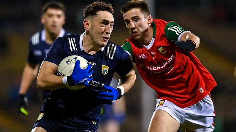 18 February 2023; Paudie Clifford of Kerry in action against Enda Hession of Mayo during the Allianz Football League Division One match between Mayo and Kerry at Hastings Insurance MacHale Park in Castlebar, Mayo. Photo by Brendan Moran/Sportsfile