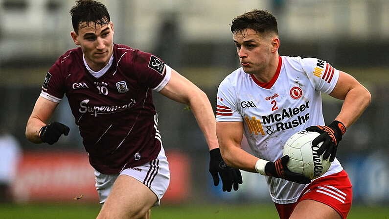 19 February 2023; Michael McKernan of Tyrone in action against Matthew Tierney of Galway during the Allianz Football League Division One match between Galway and Tyrone at St Jarlath's Park in Tuam, Galway. Photo by Brendan Moran/Sportsfile