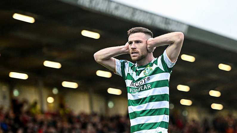 1 May 2023; Jack Byrne of Shamrock Rovers celebrates after scoring his side's second goal during the SSE Airtricity Men's Premier Division match between Derry City and Shamrock Rovers at The Ryan McBride Brandywell Stadium in Derry. Photo by Ramsey Cardy/Sportsfile