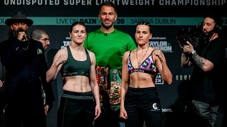 19 May 2023; Katie Taylor, left, and Chantelle Cameron face-off during weigh-ins, at Mansion House in Dublin, ahead of their undisputed super-lightweight championship fight, on May 20th at 3Arena in Dublin. Photo by Stephen McCarthy/Sportsfile