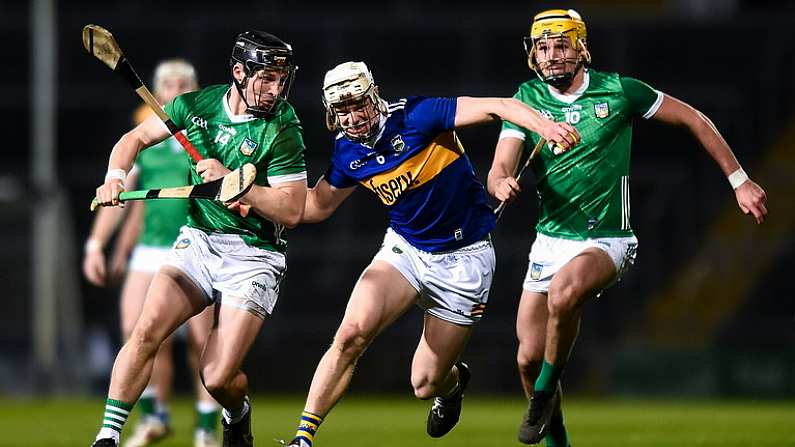 25 March 2023; Limerick players, left, Peter Casey and Cathal O'Neill in action against Bryan O'Mara of Tipperary during the Allianz Hurling League Division 1 Semi-Final match between Limerick and Tipperary at TUS Gaelic Grounds in Limerick. Photo by John Sheridan/Sportsfile