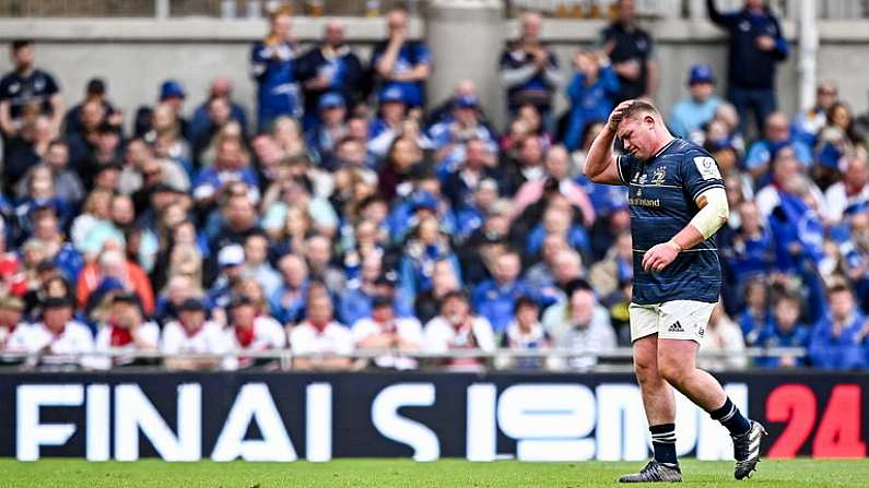 20 May 2023; Tadhg Furlong of Leinster leaves the pitch with an injury during the Heineken Champions Cup Final match between Leinster and La Rochelle at Aviva Stadium in Dublin. Photo by Ramsey Cardy/Sportsfile