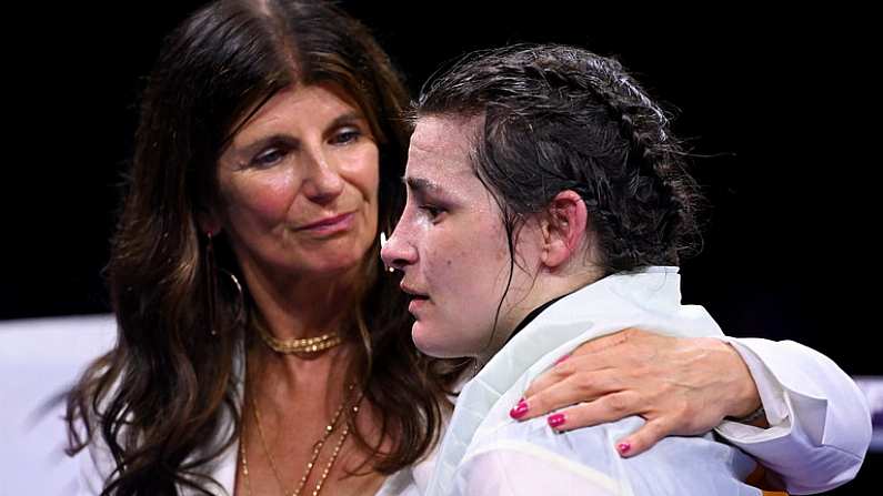 20 May 2023; Katie Taylor, and her mum Bridget Taylor, after her defeat to Chantelle Cameron in their undisputed super lightweight championship fight at the 3Arena in Dublin. Photo by Stephen McCarthy/Sportsfile